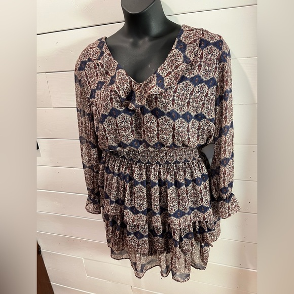 💙 DEX – Navy, Cream & Burgundy Print Dress – Size 2X - Picture 4 of 11